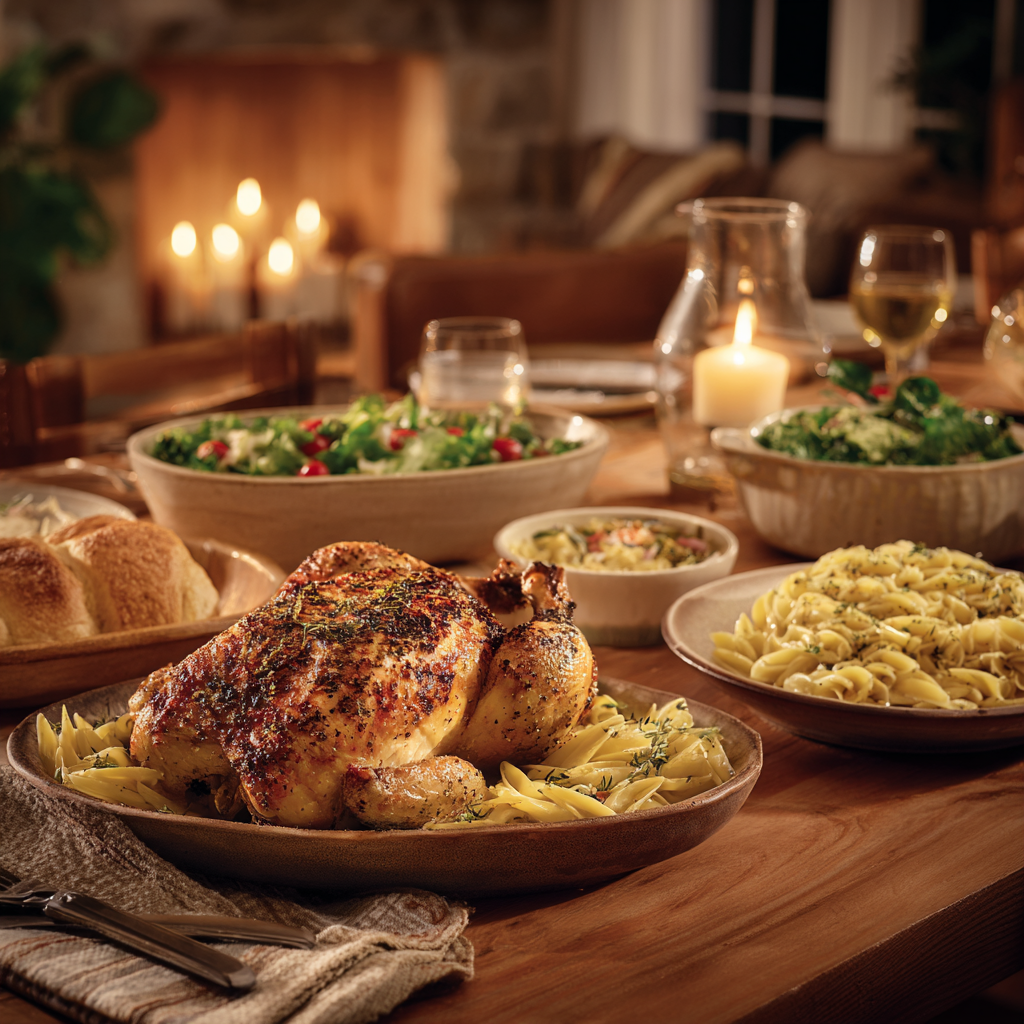 u5315665333 A cozy dinner table with roasted chicken pasta sa 8a4a4bea e8fe 48b9 9d08 b8c369ba4b21 0