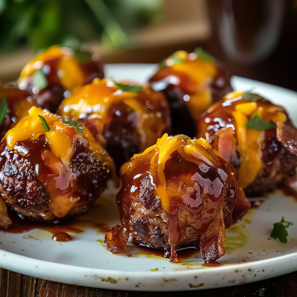 Bacon-Wrapped BBQ Meatballs with Cheddar