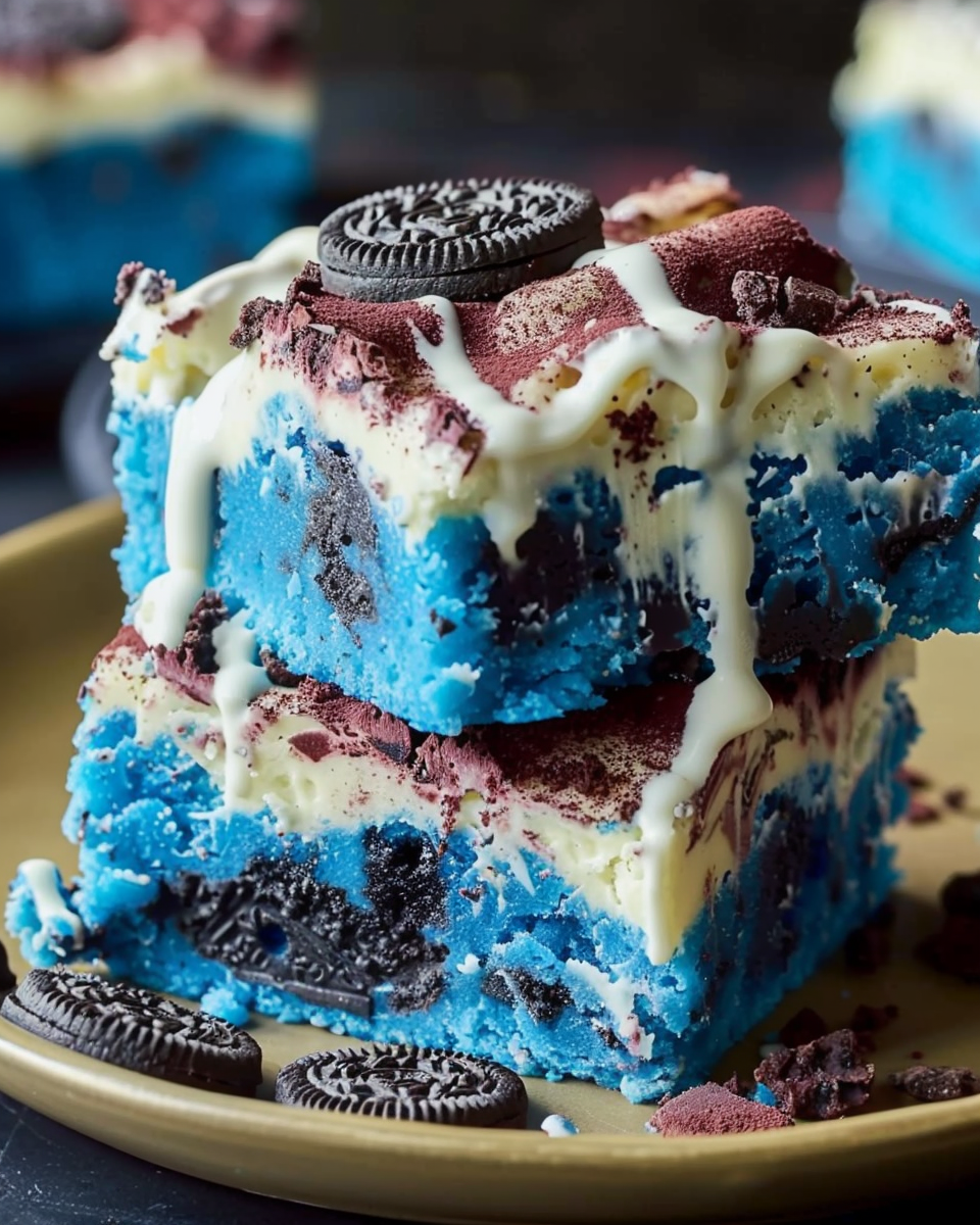 Blue Velvet Oreo Blondie Bars with Creamy Drizzle