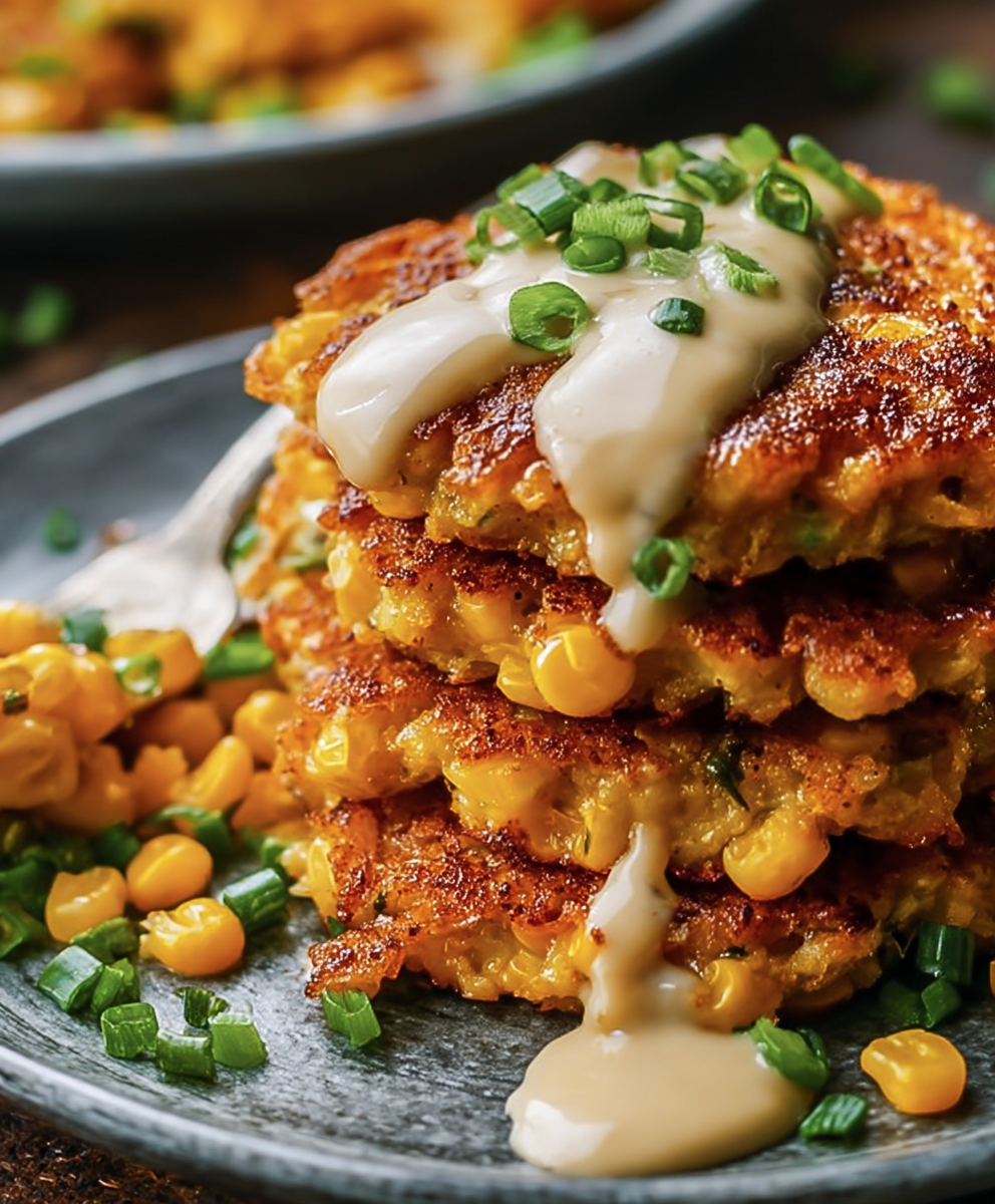 Cheesy Corn Fritters with Creamy Garlic Sauce