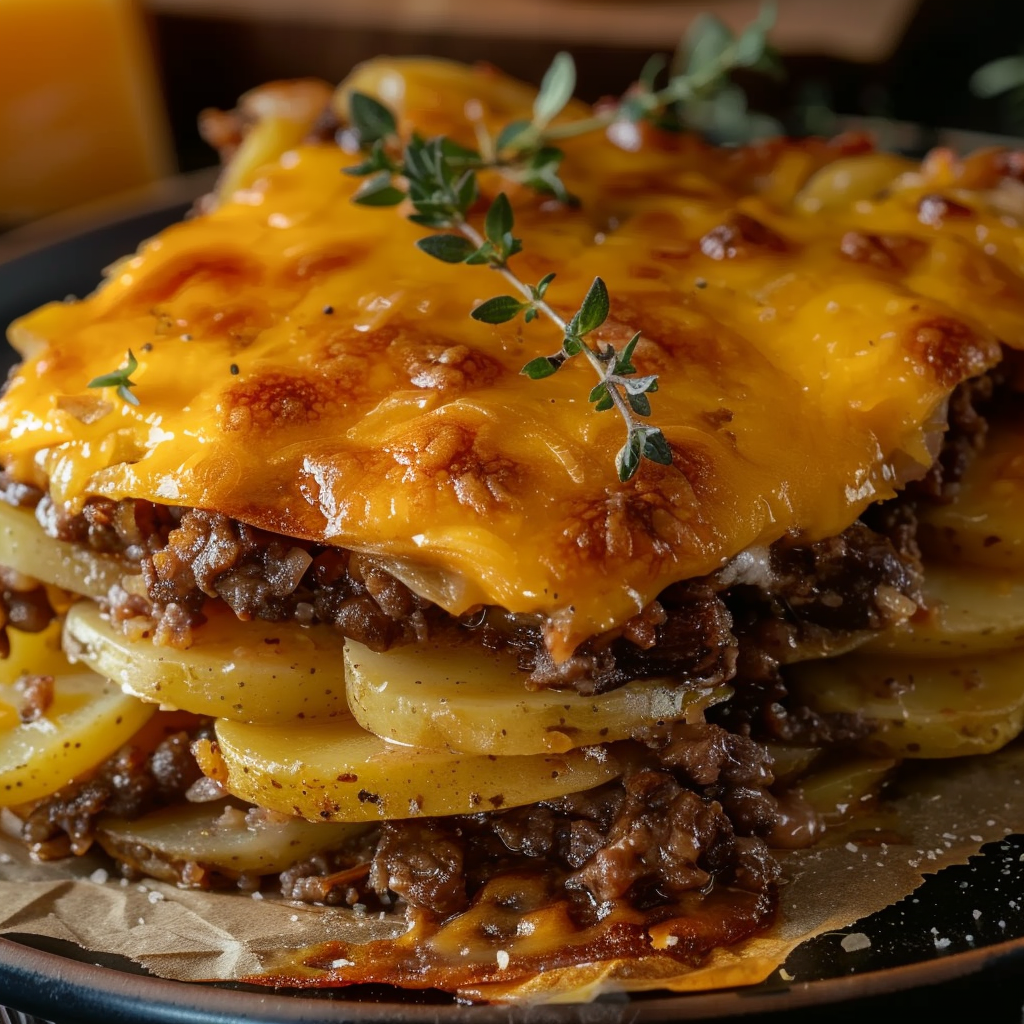 Cheesy Layered Potato & Beef Bake
