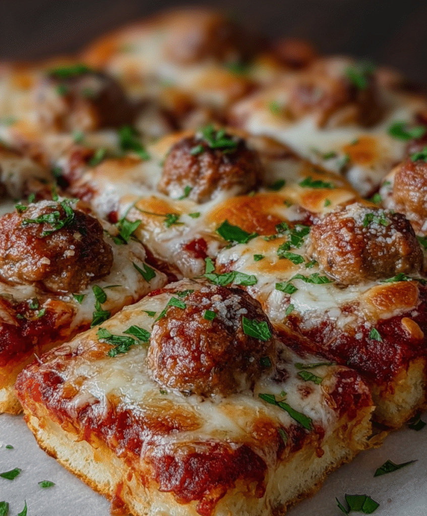 Cheesy Meatball Sheet Pan Pizza Squares