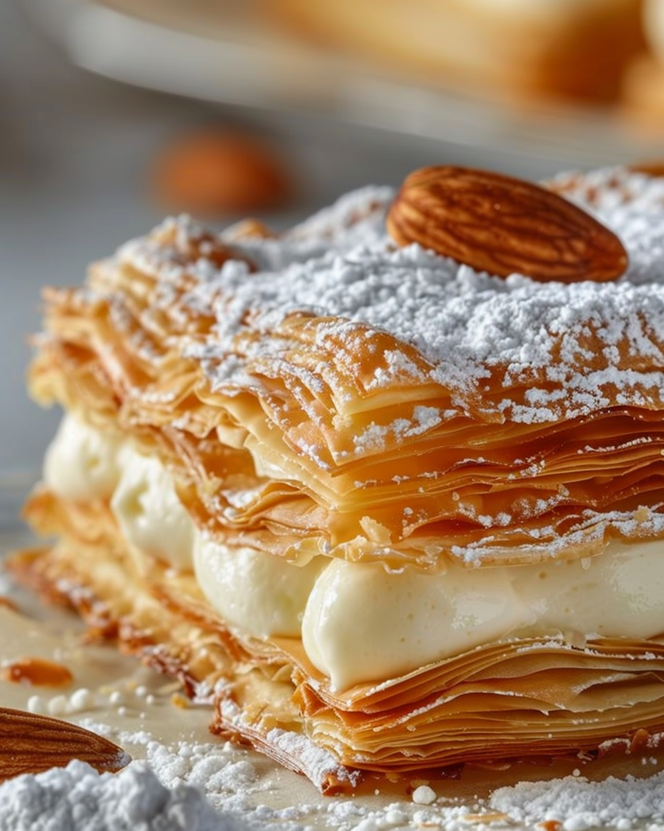 Classic Vanilla Mille-Feuille with Almond Garnish
