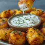 Fork dipping a crispy cheesy tot into creamy yogurt sauce with herbs.