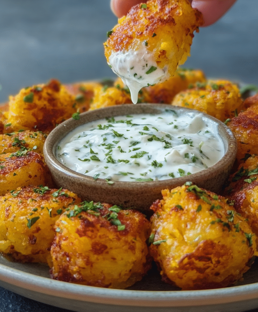 Fork dipping a crispy cheesy tot into creamy yogurt sauce with herbs.