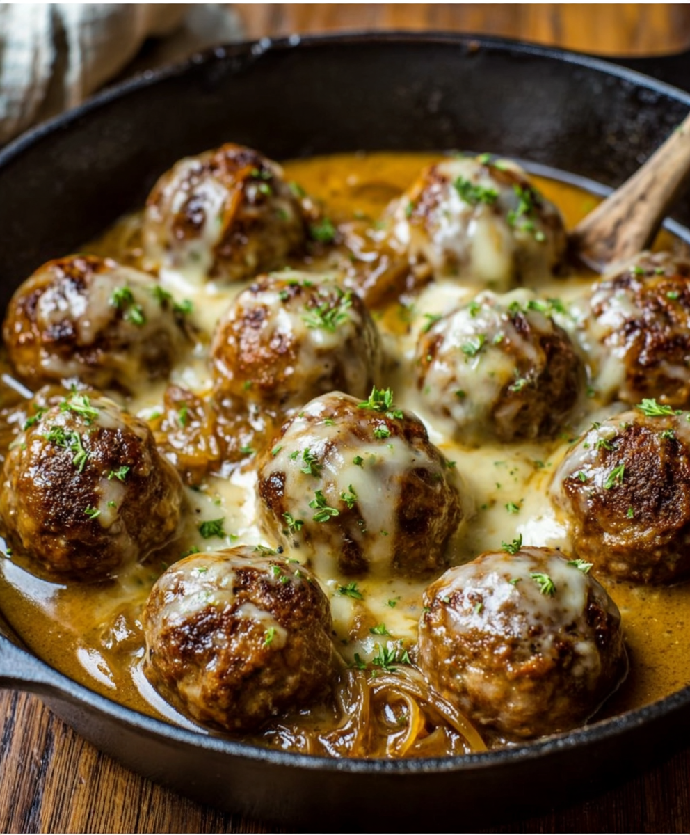 French Onion Meatballs with Savory Gruyère Sauce