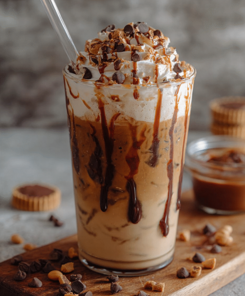 Peanut Butter Cup Iced Coffee with Chocolate Syrup