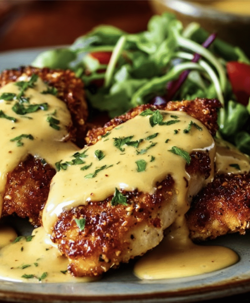 Pretzel-Crusted Chicken with Mustard-Cheddar Sauce