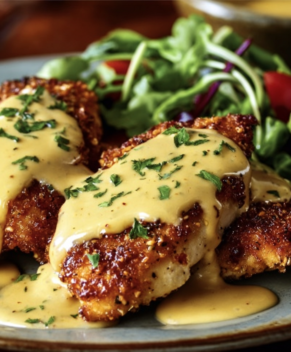 Pretzel-Crusted Chicken with Mustard-Cheddar Sauce