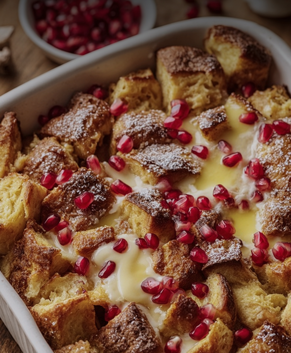 Vanilla Custard Bread Pudding with Pomegranate Jewels
