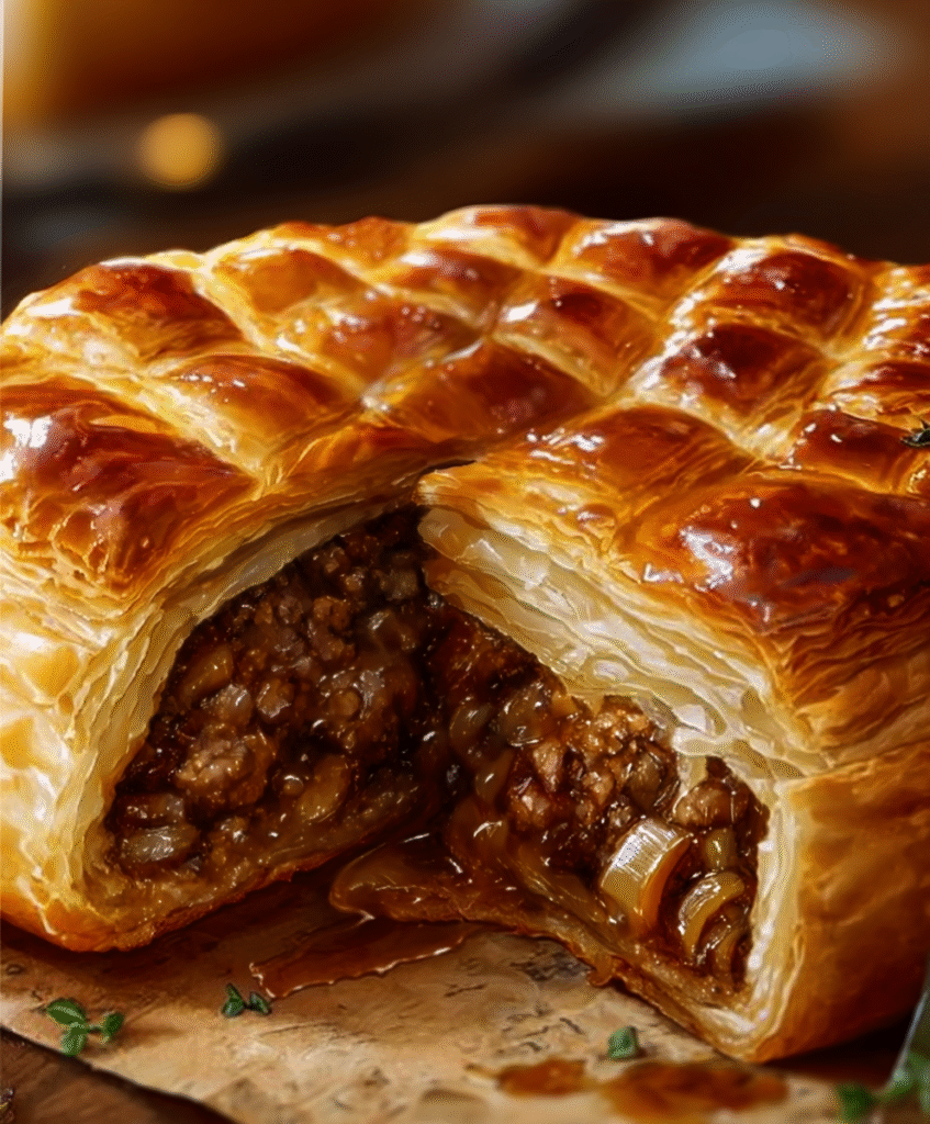 Caramelized Onion & Beef Puff Pastry Pie
