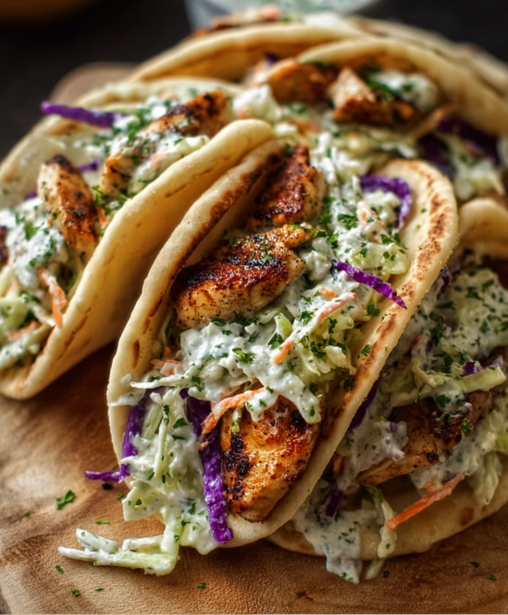 Chicken Pitas with Herby Ranch Slaw