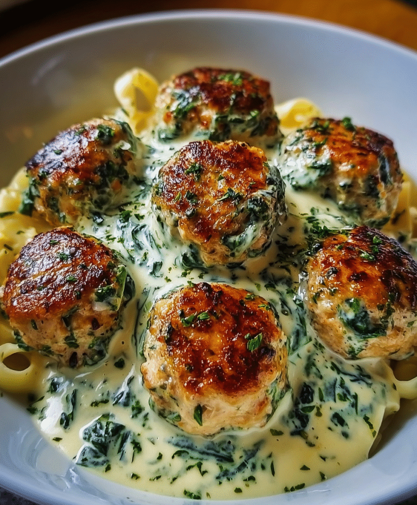 Chicken Ricotta Meatballs with Spinach Alfredo Sauce