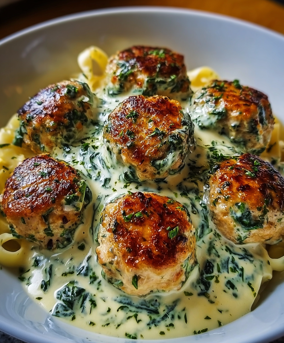 Chicken Ricotta Meatballs with Spinach Alfredo Sauce