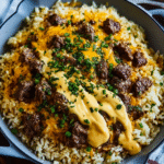 Garlic Butter Beef and Rice Skillet with Cheddar Parmesan Sauce