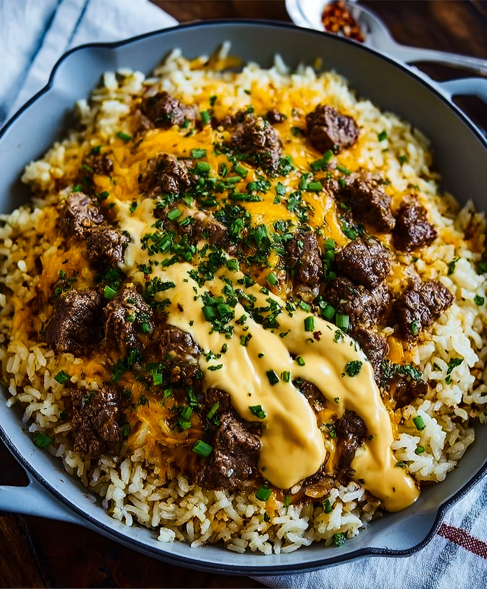 Garlic Butter Beef and Rice Skillet with Cheddar Parmesan Sauce