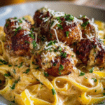 Garlic Butter Meatballs with Creamy Parmesan Linguine