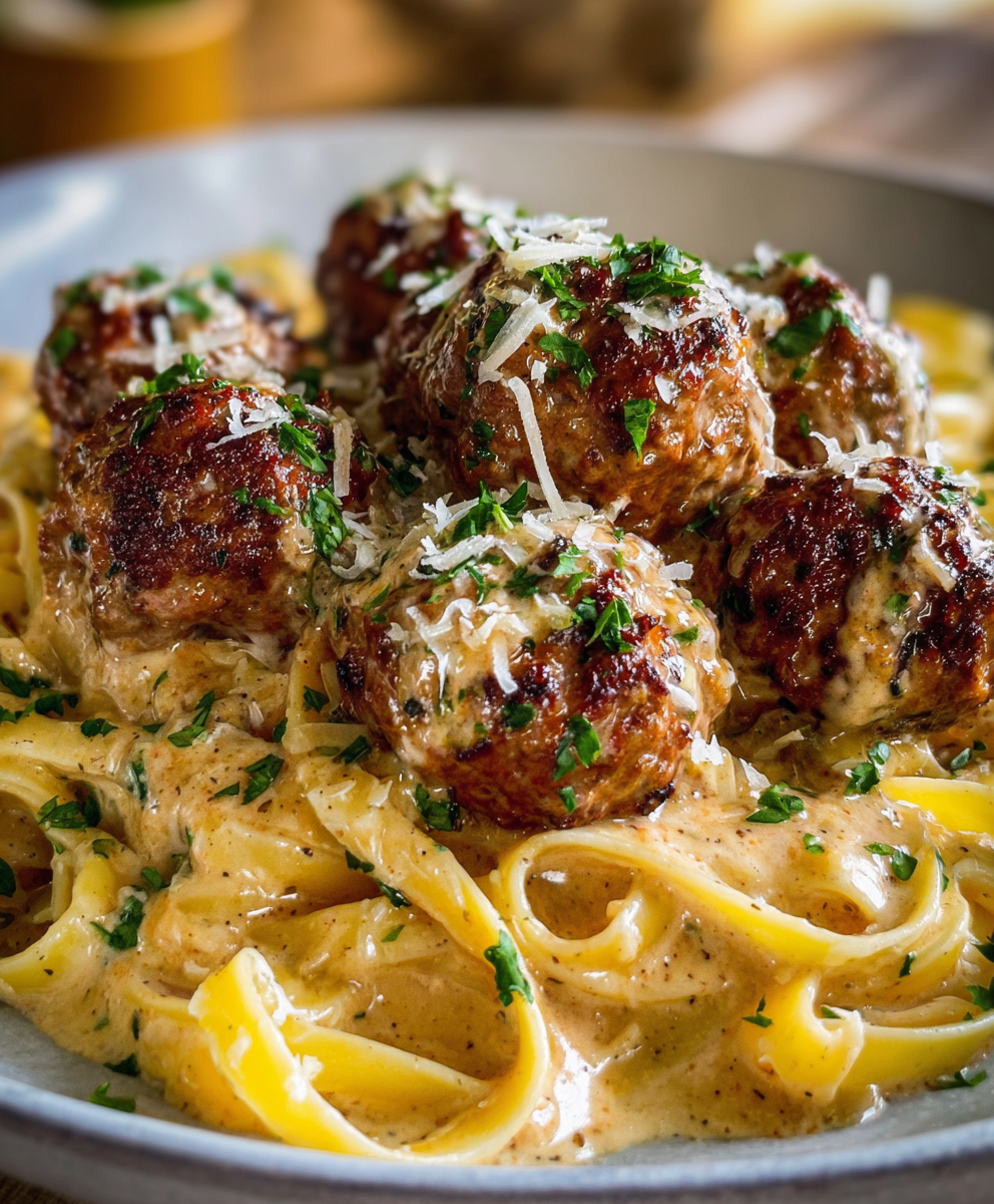 Garlic Butter Meatballs with Creamy Parmesan Linguine