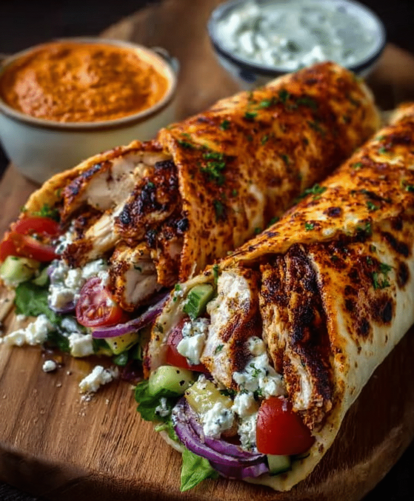 Greek Chicken Wraps with Spicy Harissa Sauce