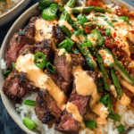 Korean BBQ Steak Rice Bowls with Spicy Cream Sauce