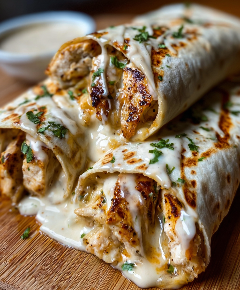 Ooey-Gooey Cheesy Garlic Chicken Wraps