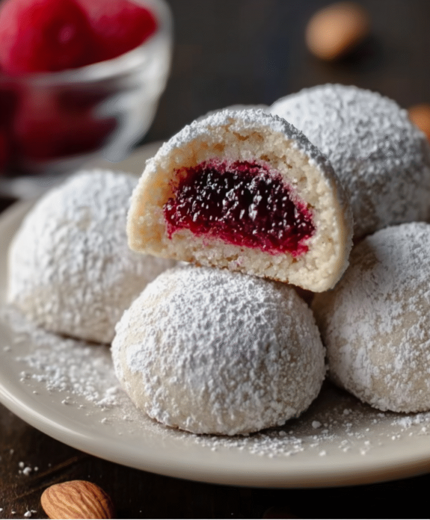Raspberry-Filled Almond Snow Cookies