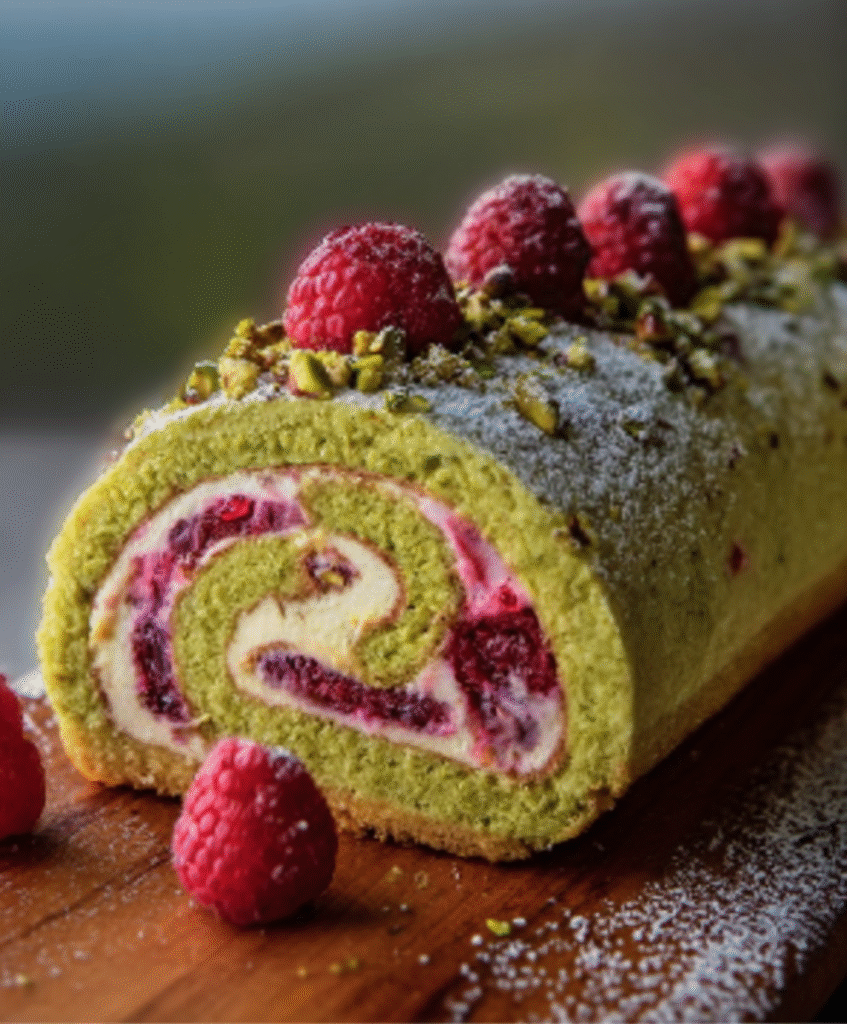 Raspberry Pistachio Swiss Roll
