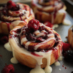 Red Velvet Cinnamon Rolls with Cream Cheese Glaze & Berry Drizzle