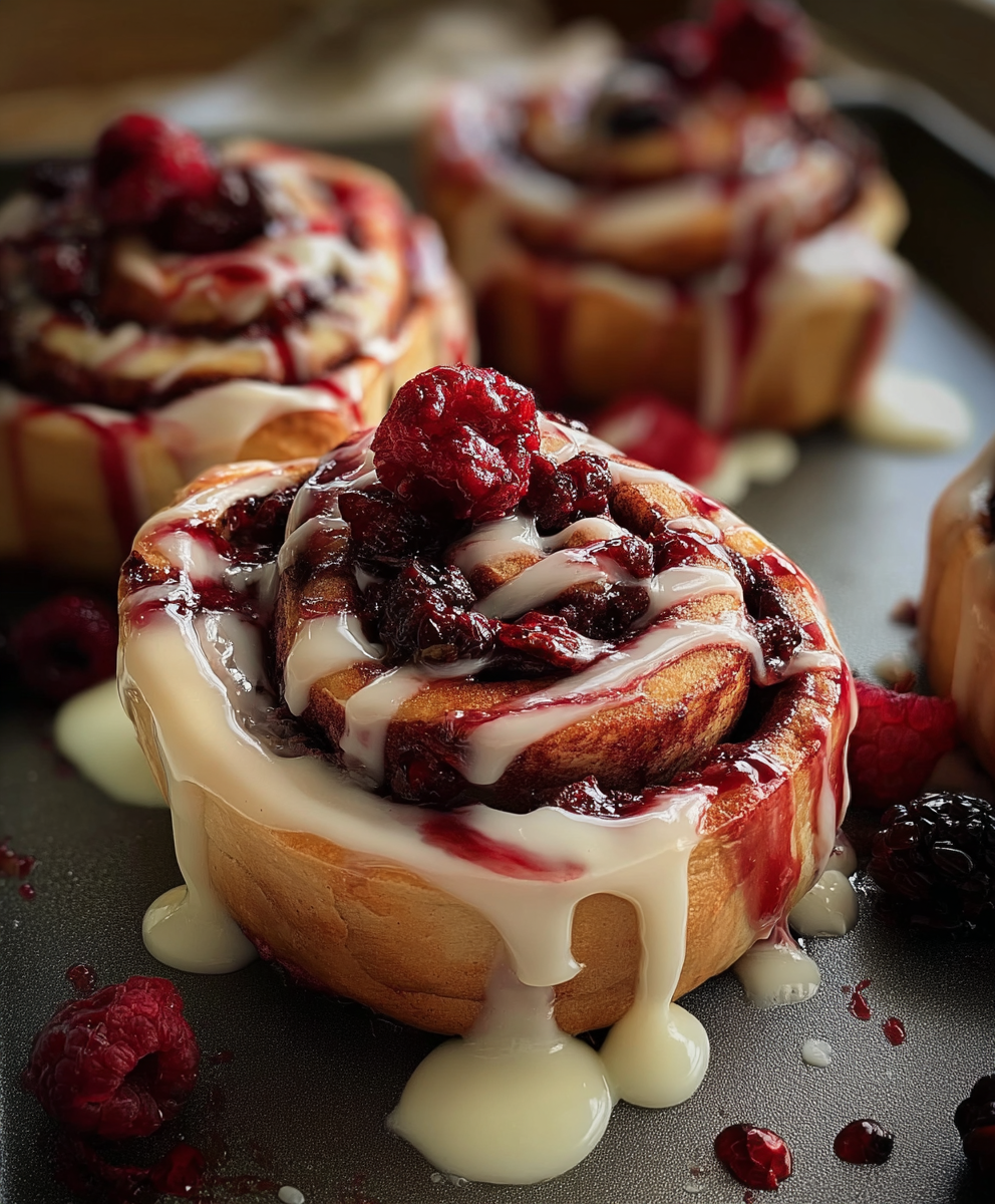 Red Velvet Cinnamon Rolls with Cream Cheese Glaze & Berry Drizzle
