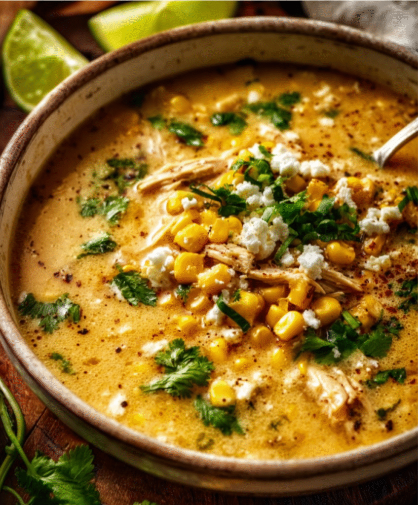 Creamy Mexican Street Corn Soup with Jalapeño & Lime
