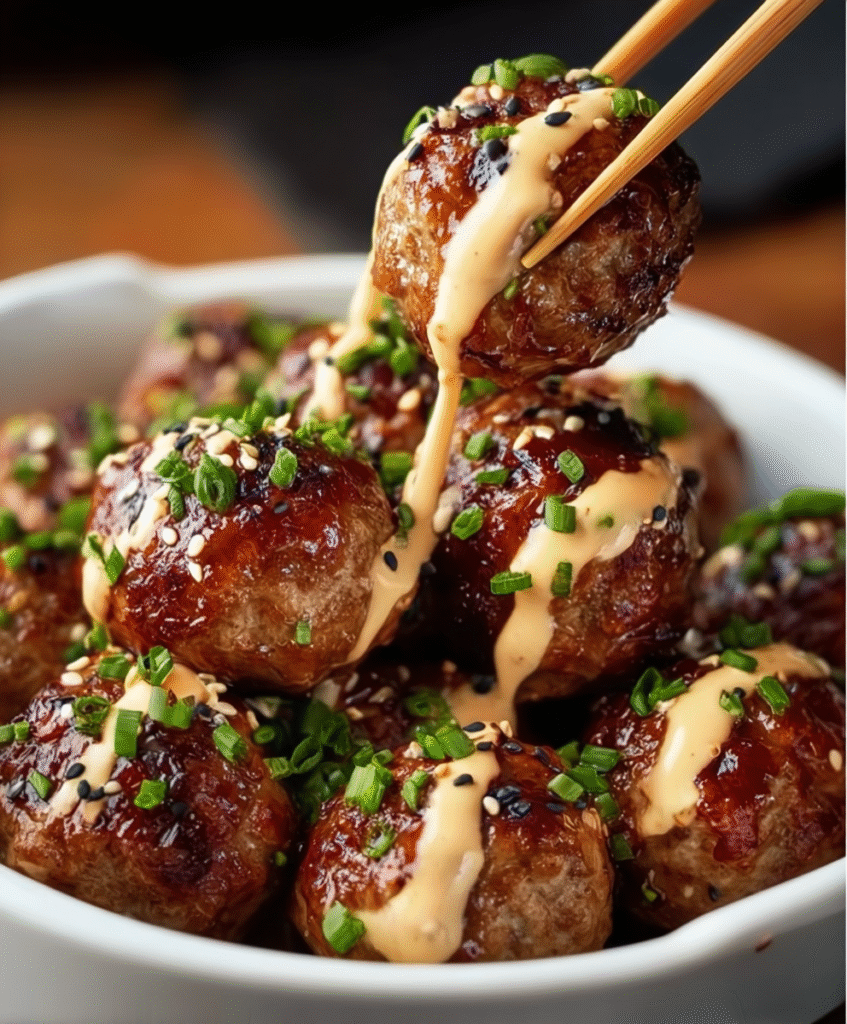 Korean BBQ Meatballs with Spicy Mayo Dip