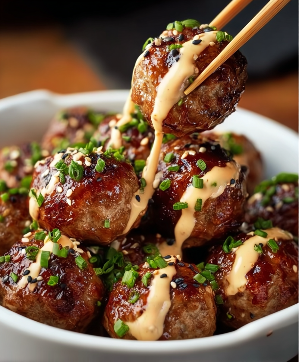 Korean BBQ Meatballs with Spicy Mayo Dip