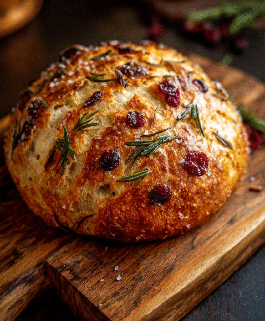 No-Knead Rosemary Cranberry Dutch Oven Bread