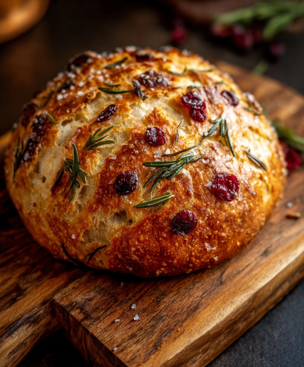 No-Knead Rosemary Cranberry Dutch Oven Bread