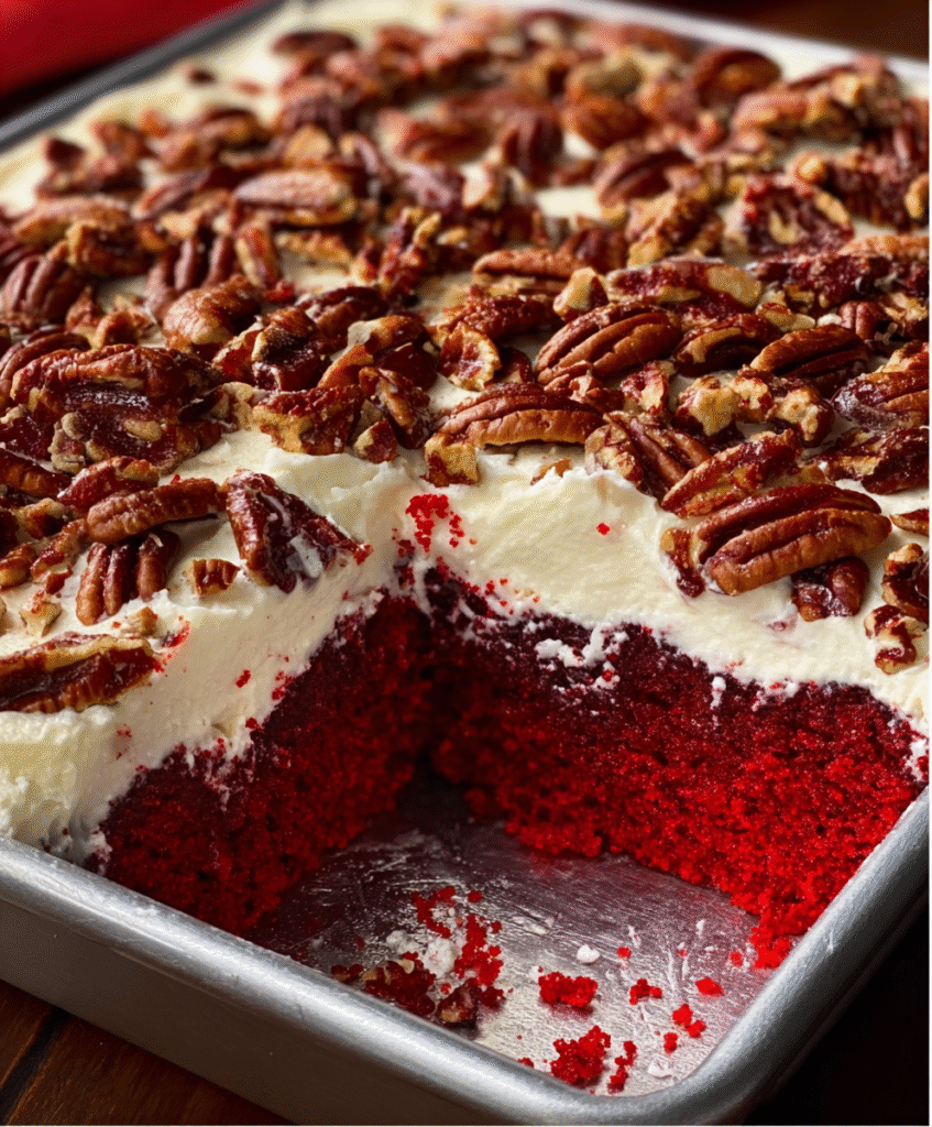 Southern Red Velvet Sheet Cake with Cream Cheese & Pecans