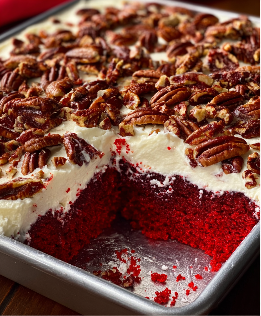 Southern Red Velvet Sheet Cake with Cream Cheese & Pecans