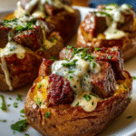 Steak-Stuffed Baked Potatoes with Parmesan Cream Sauce