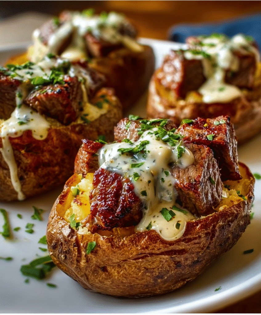 Steak-Stuffed Baked Potatoes with Parmesan Cream Sauce