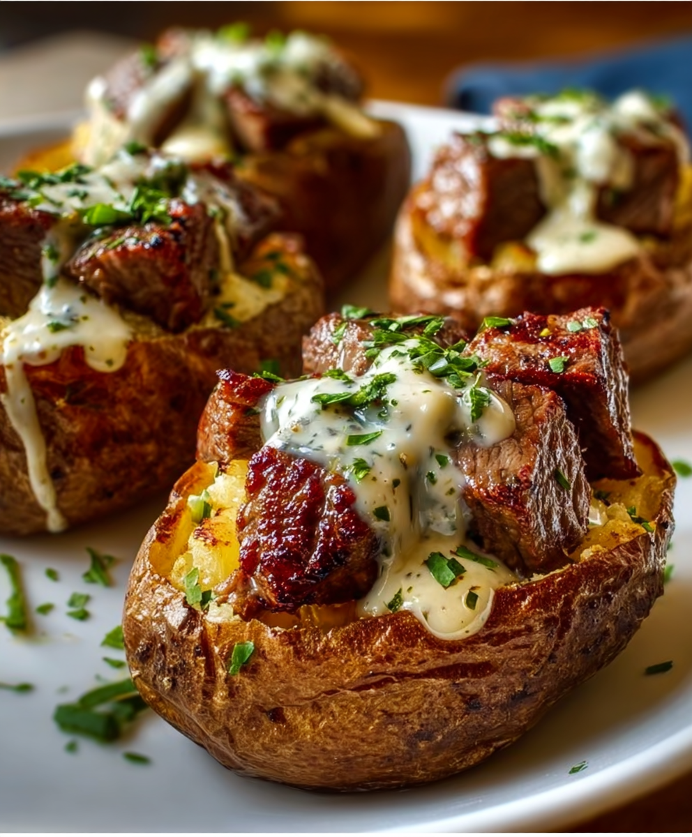 Steak-Stuffed Baked Potatoes with Parmesan Cream Sauce