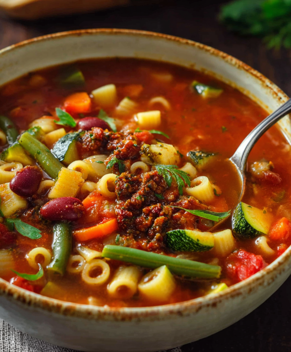 Umami-Rich Vegan Minestrone with Sun-Dried Tomato Pesto
