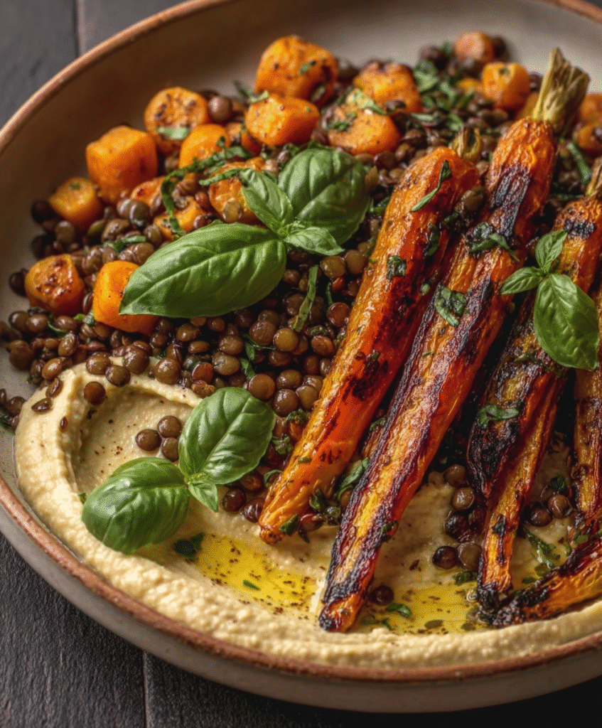 Vibrant Roasted Carrots & Lentil Salad with Creamy Hummus