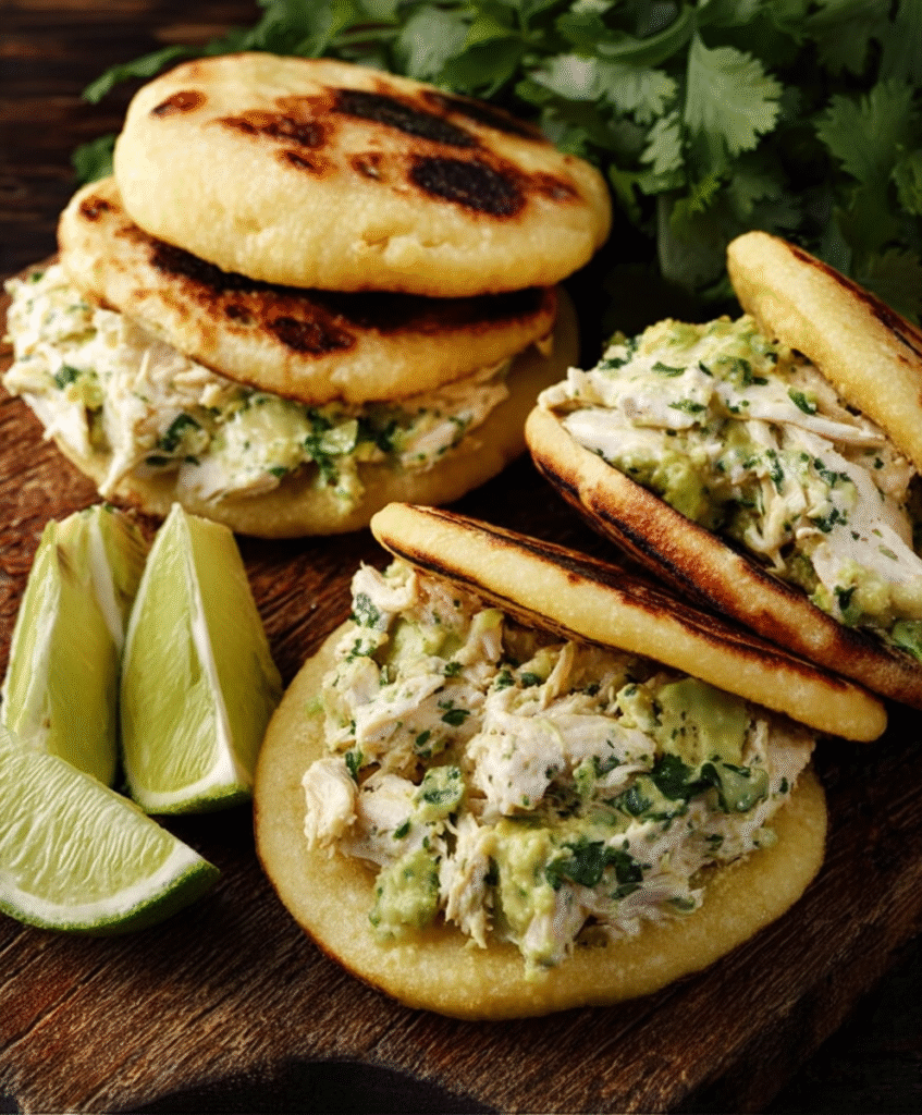 Crispy Arepas with Creamy Reina Pepiada Chicken