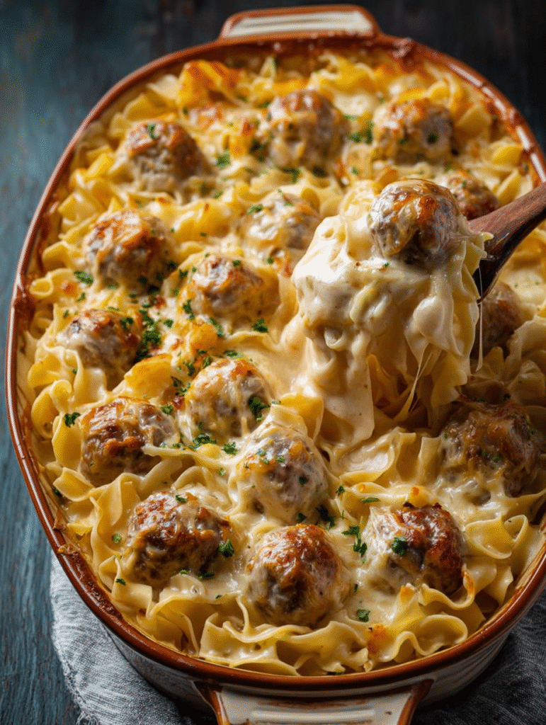 Golden Cream Swedish Meatball Noodle Bake