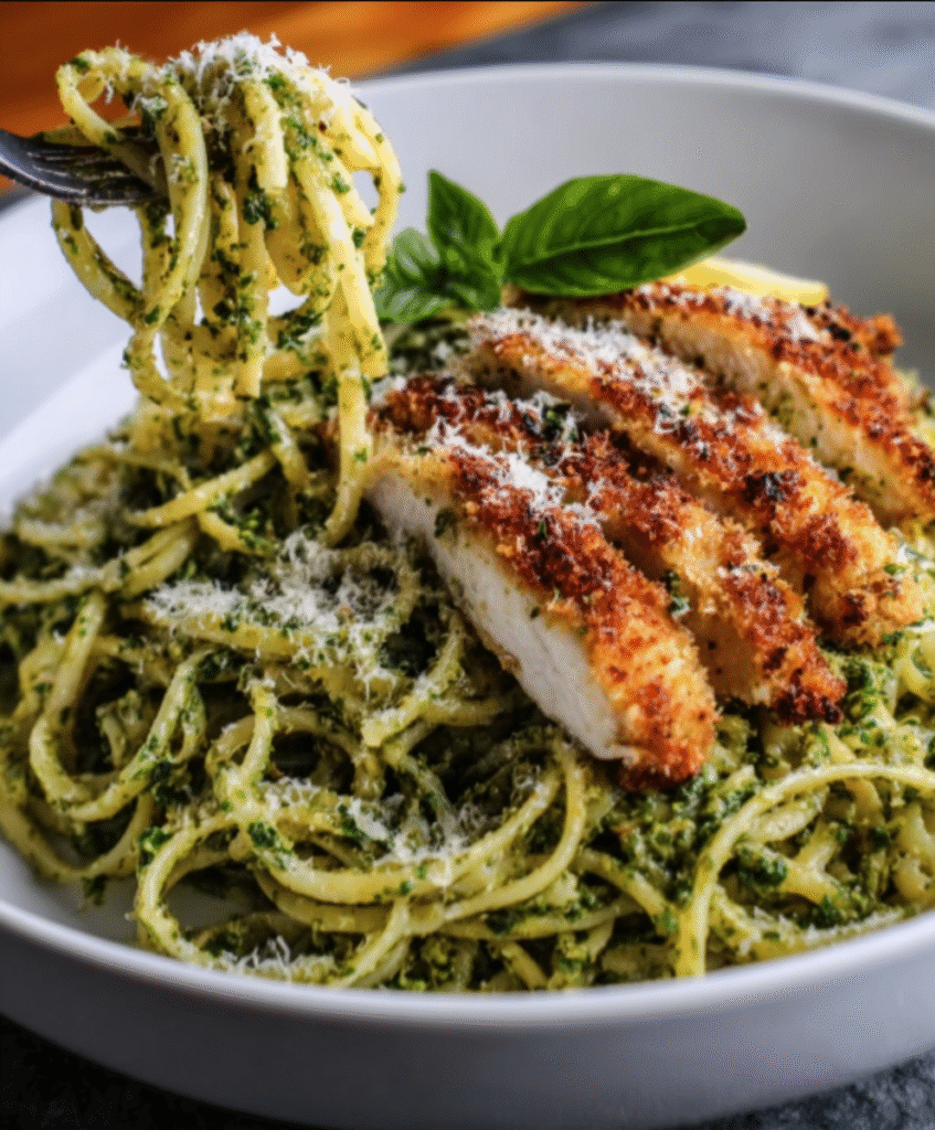 Pesto Pasta with Crispy Parmesan Chicken