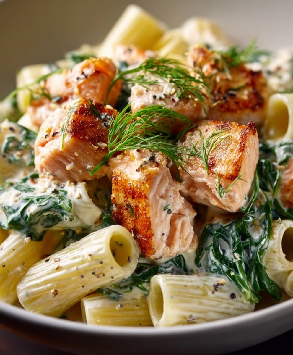Quick Salmon & Spinach Creamy Pasta