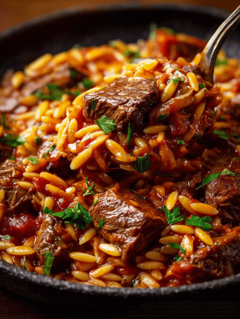 Title: Slow-Braised Beef Giouvetsi with Tomato-Orzo