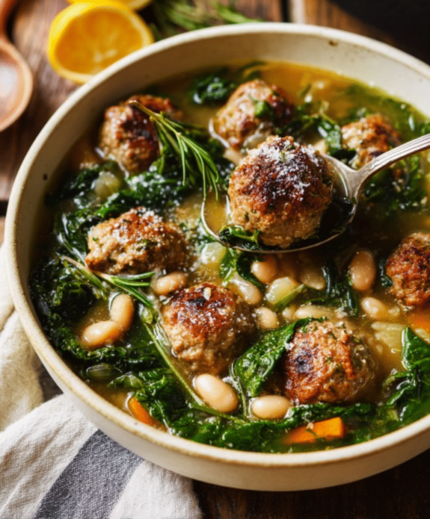 Tuscan White Bean Soup with Tender Meatballs