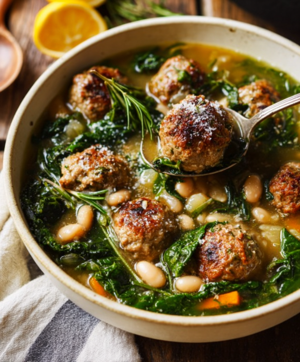 Tuscan White Bean Soup with Tender Meatballs