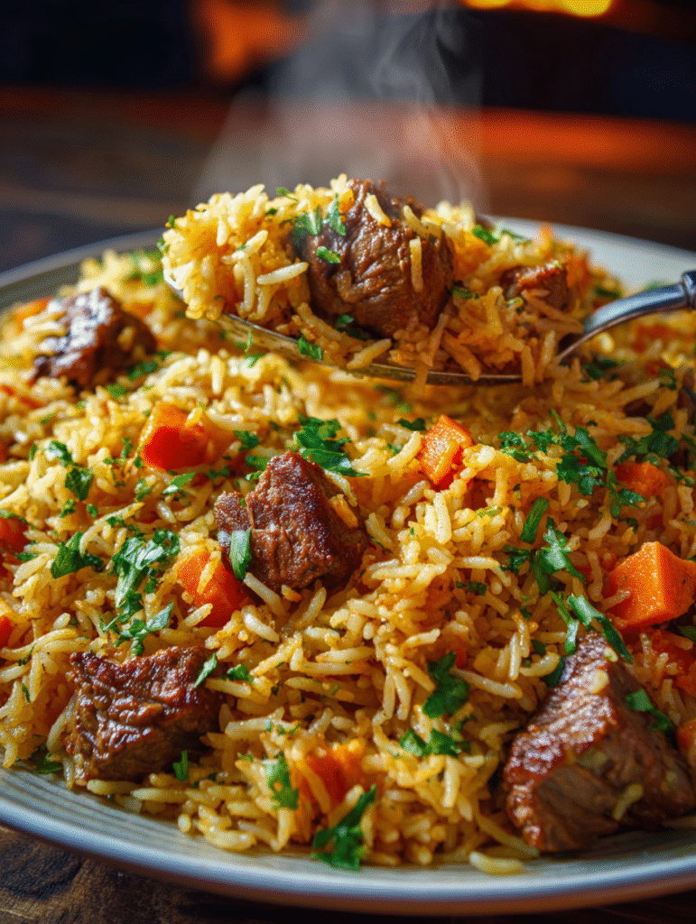 Authentic Golden Beef Plov (Uzbek-Style Rice Pilaf)