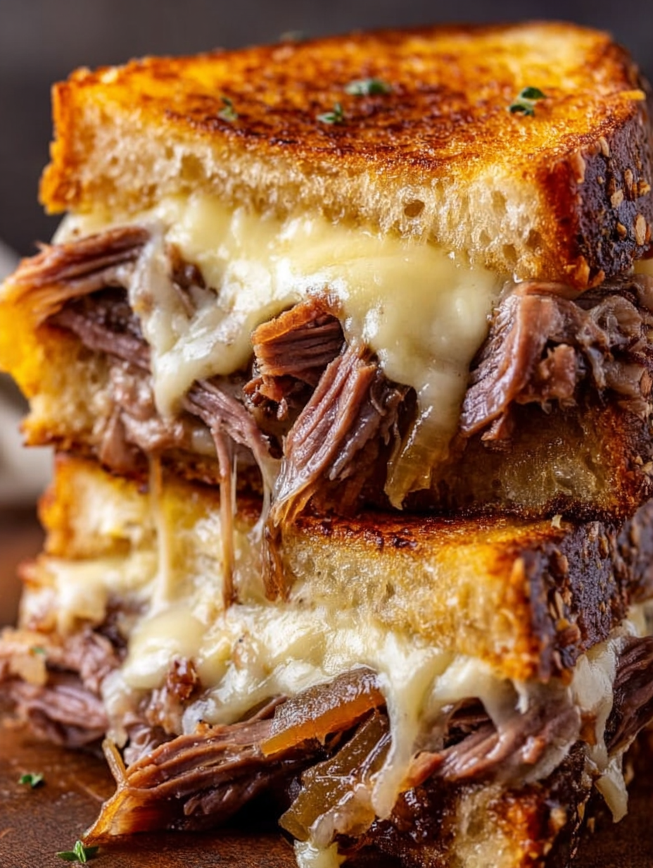 Crispy French Dip Grilled Cheese Stack